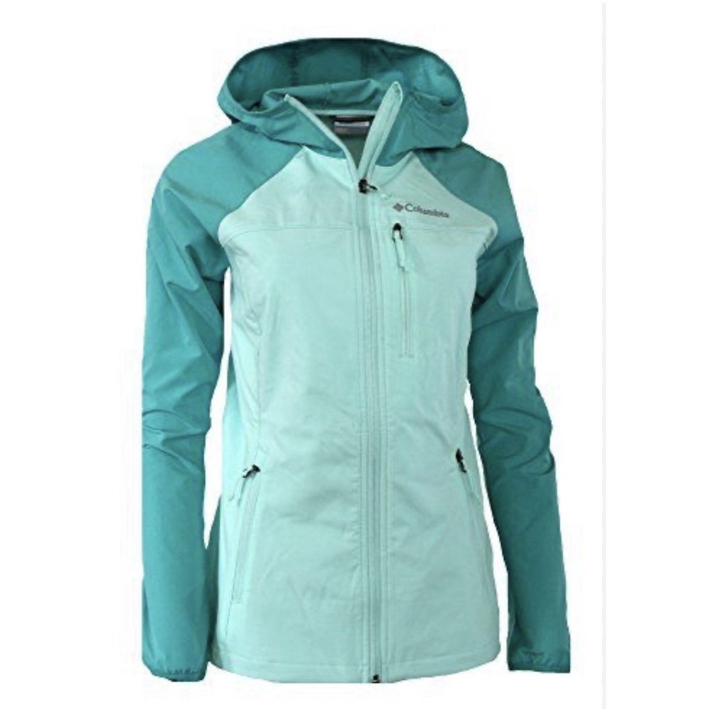 Columbia Soft Shell S Jacket Womens Small Mint Green‎ Hooded Zip Colorblock M39